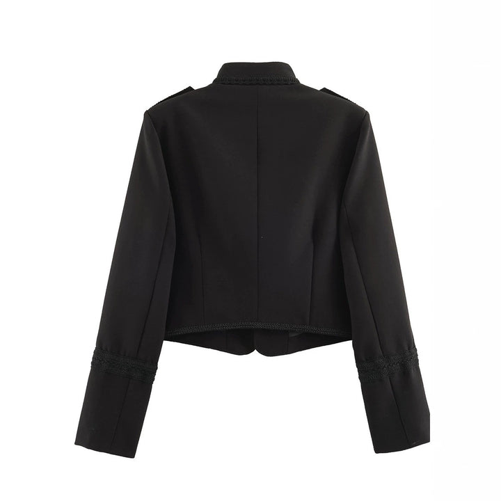 Women's Short Military-Style Blazer with Cord Decoration, Stand Collar and Decorative Frog Buttons Mune Fashion