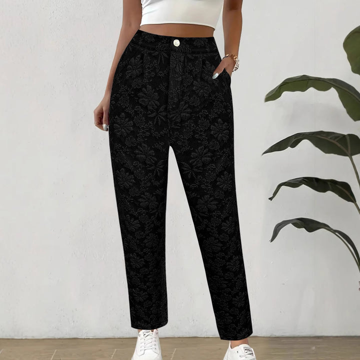 Women's high-waisted pleated trousers with floral jacquard and straight leg Mune Fashion