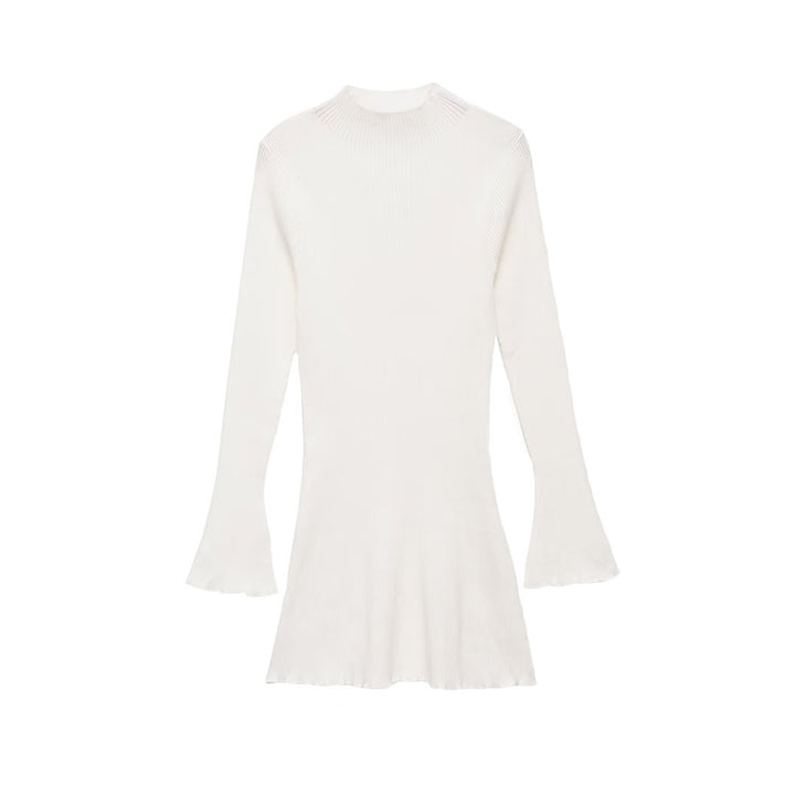 Women's fine knit mini dress with high collar, flared hem, and bell sleeves Mune Fashion