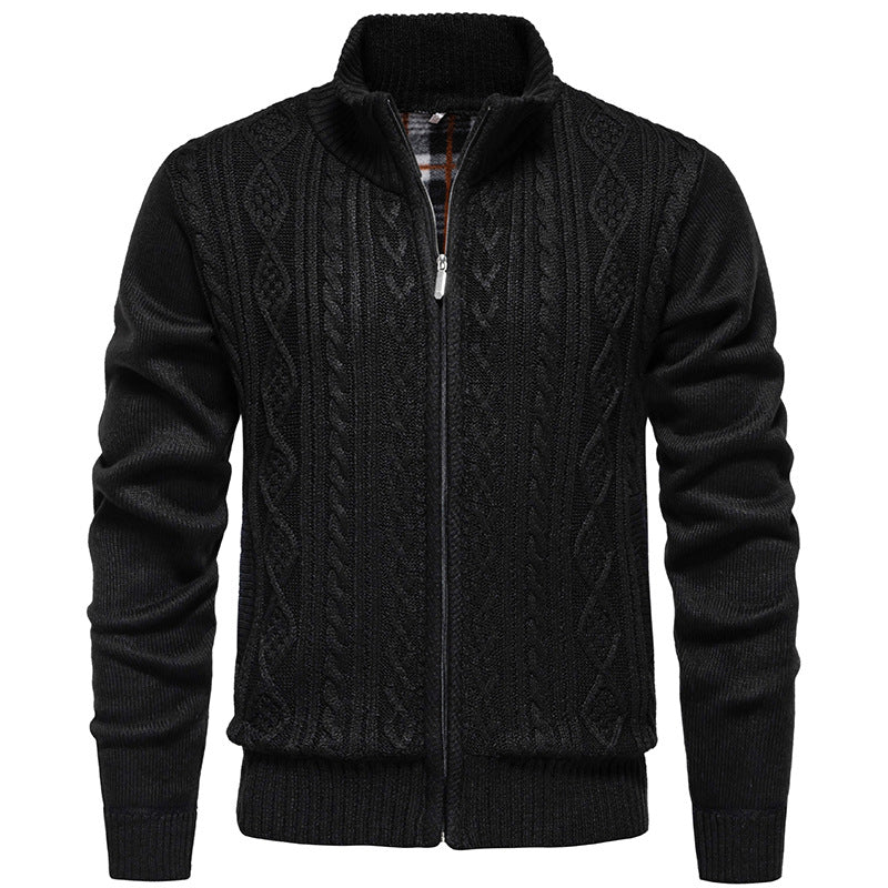 Men's chunky knit cardigan with cable pattern, stand-up collar and checked inner lining Mune Fashion