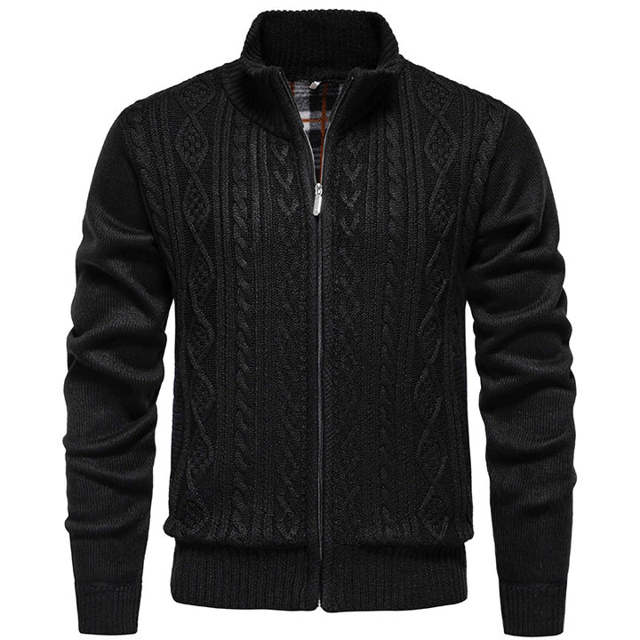 Men's chunky knit cardigan with cable pattern, stand-up collar and checked inner lining Mune Fashion