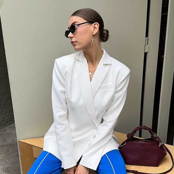 Women Sculptural Tailored Blazer with Asymmetric Front and Accentuated Shoulder Mune Fashion