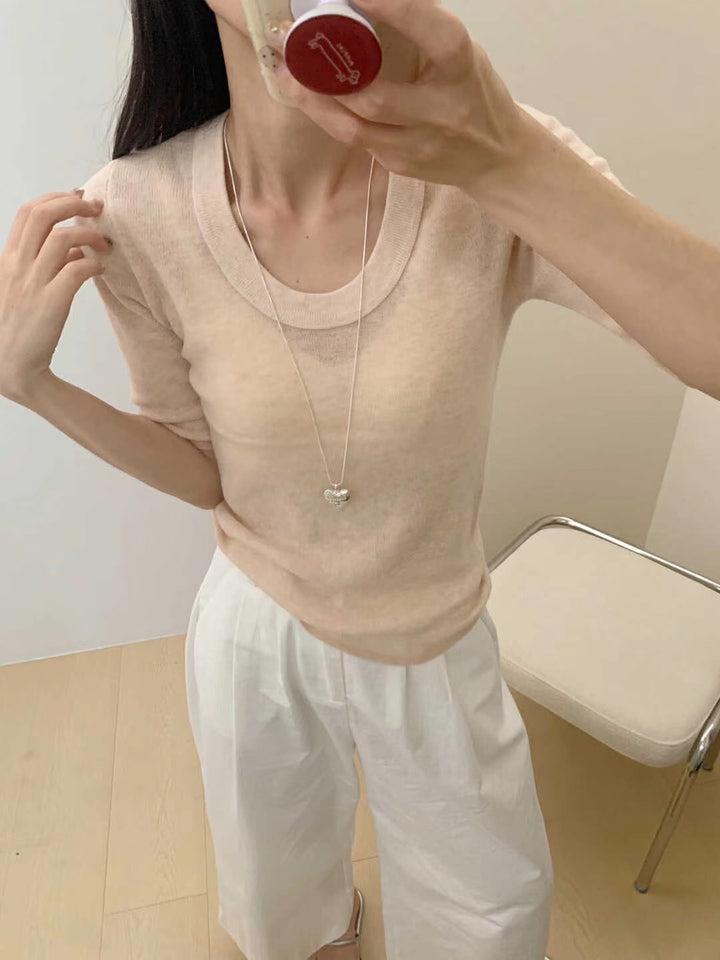 Ladies Fine Fine Knit Shirt with Deep Round Neck and Three-Quarter Sleeves Mune Fashion