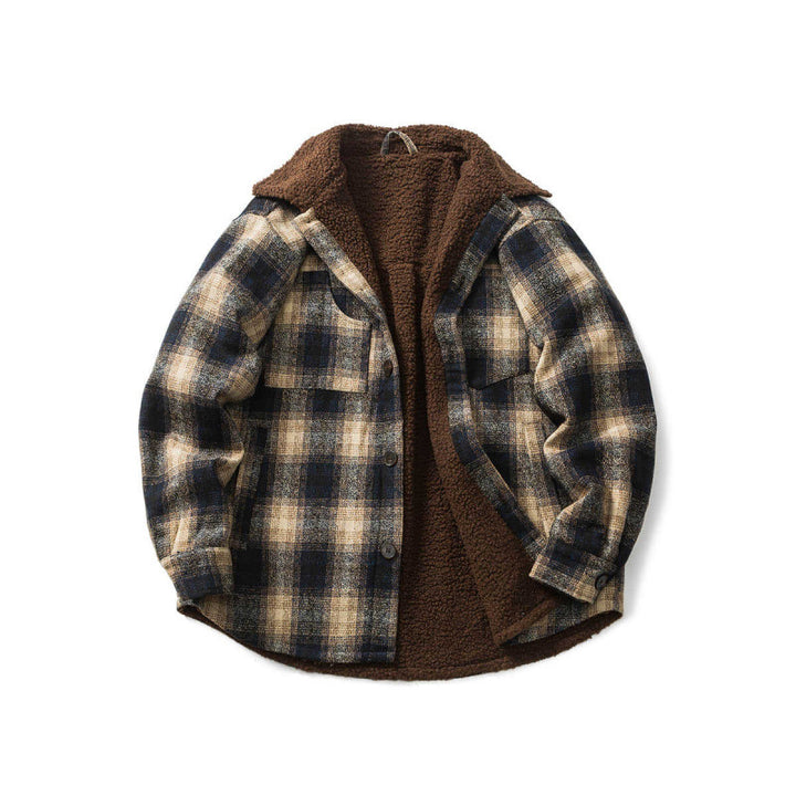 Unisex Checked Overshirt Jacket with Teddy Fleece Lining, Patch Chest Pockets and Shirt Collar Mune Fashion