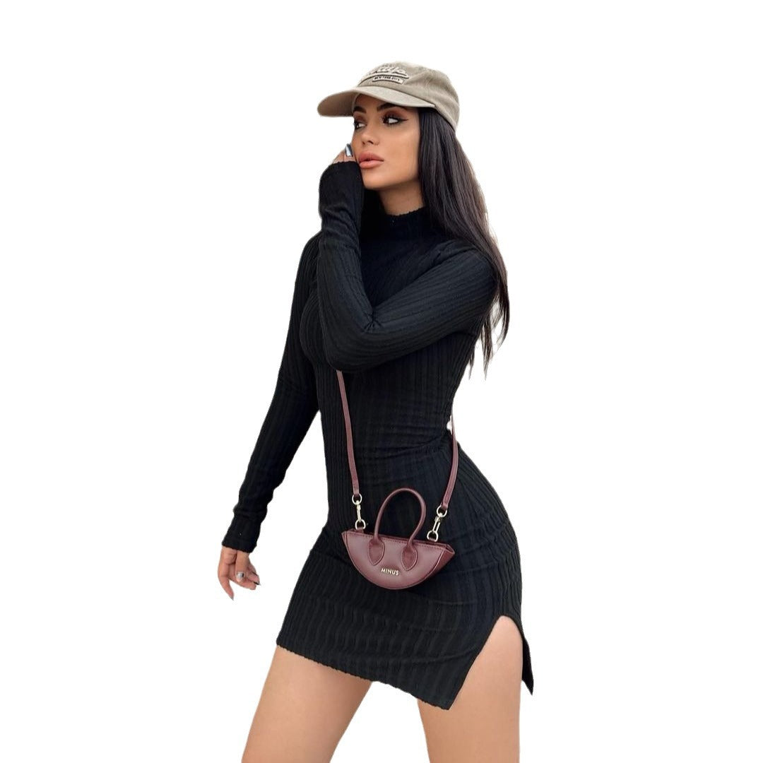 Women's Slim-Fitting Ribbed Knit Mini Dress with Turtleneck and Long Sleeves Mune Fashion
