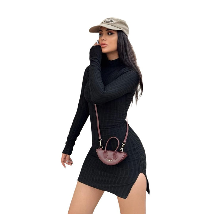 Women's Slim-Fitting Ribbed Knit Mini Dress with Turtleneck and Long Sleeves Mune Fashion
