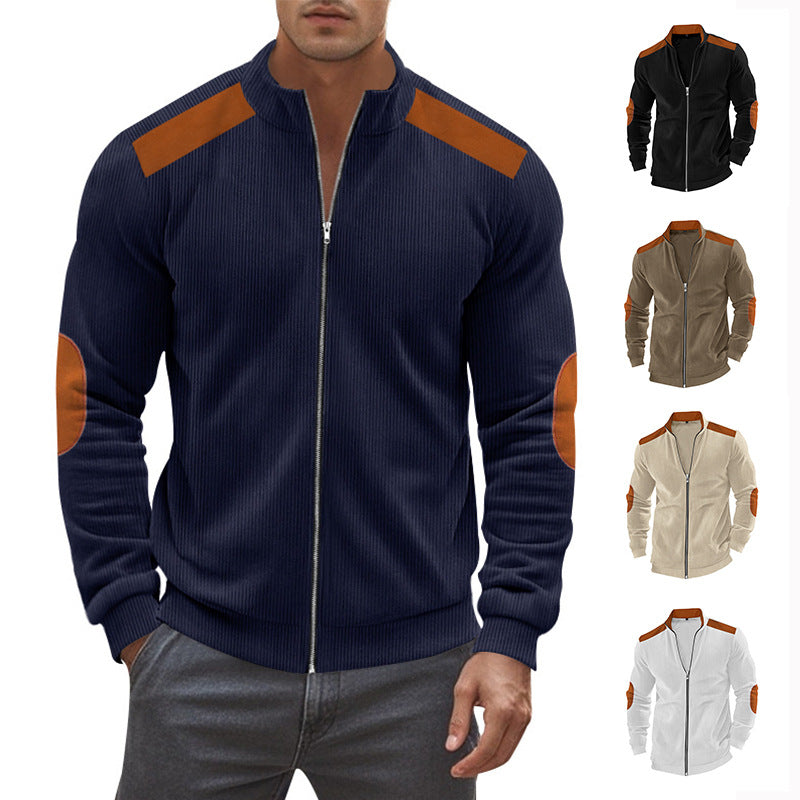 Men's stand-up collar sweat jacket with fine ribbed structure, elbow patches and contrasting shoulder details Mune Fashion