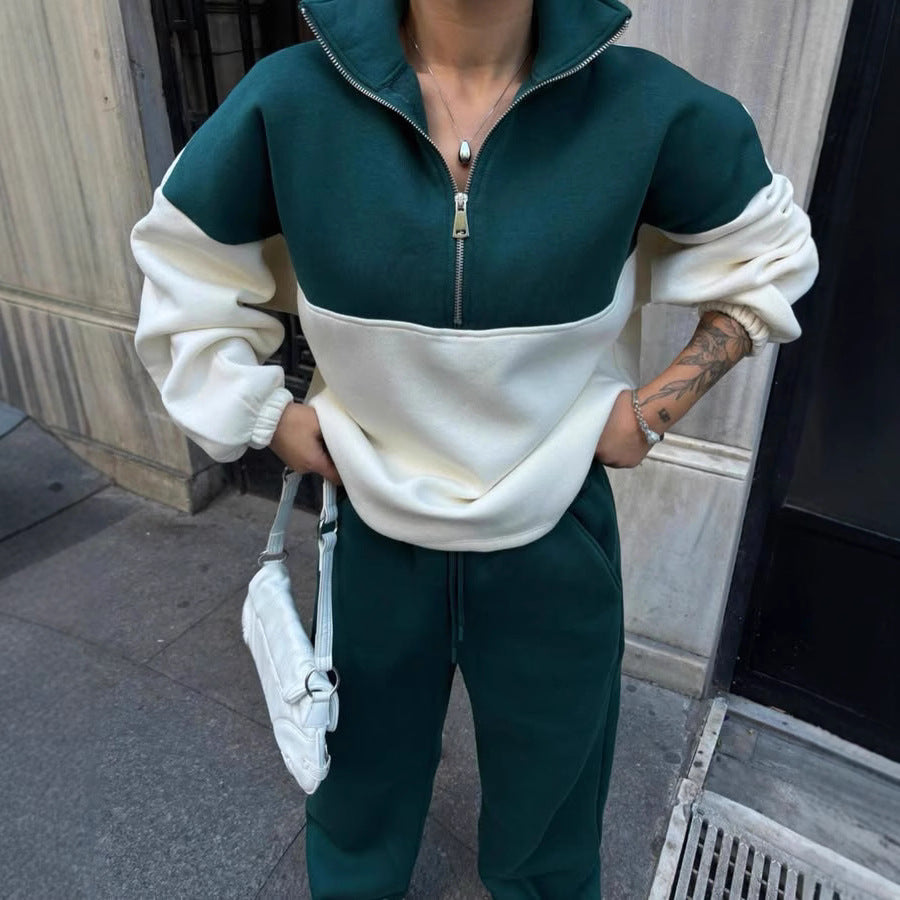 Women's Oversized Two-Tone Half-Zip Loungewear Set with Stand Collar and Wide Palazzo Jogger Mune Fashion