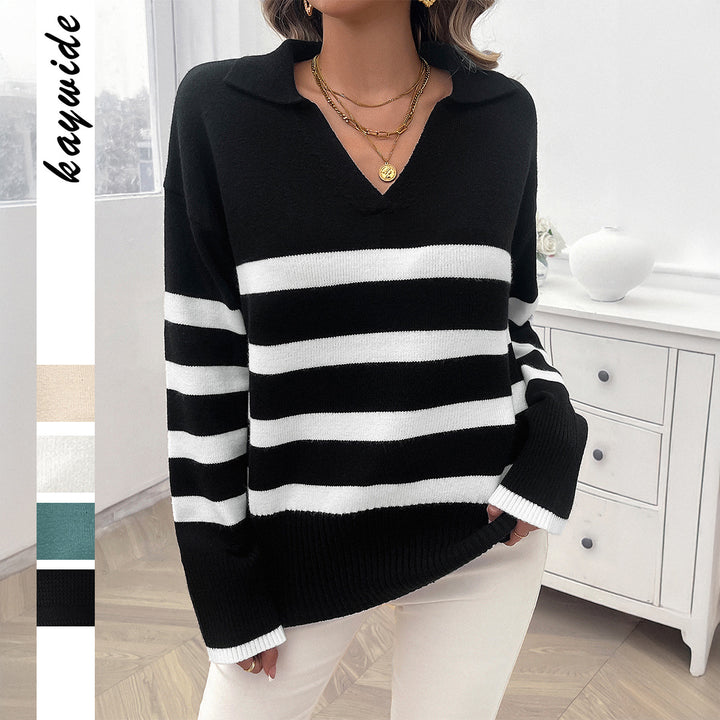Women's casual V-neck knitted sweater with polo collar, ribbed sleeve cuffs, and bold block stripes Mune Fashion