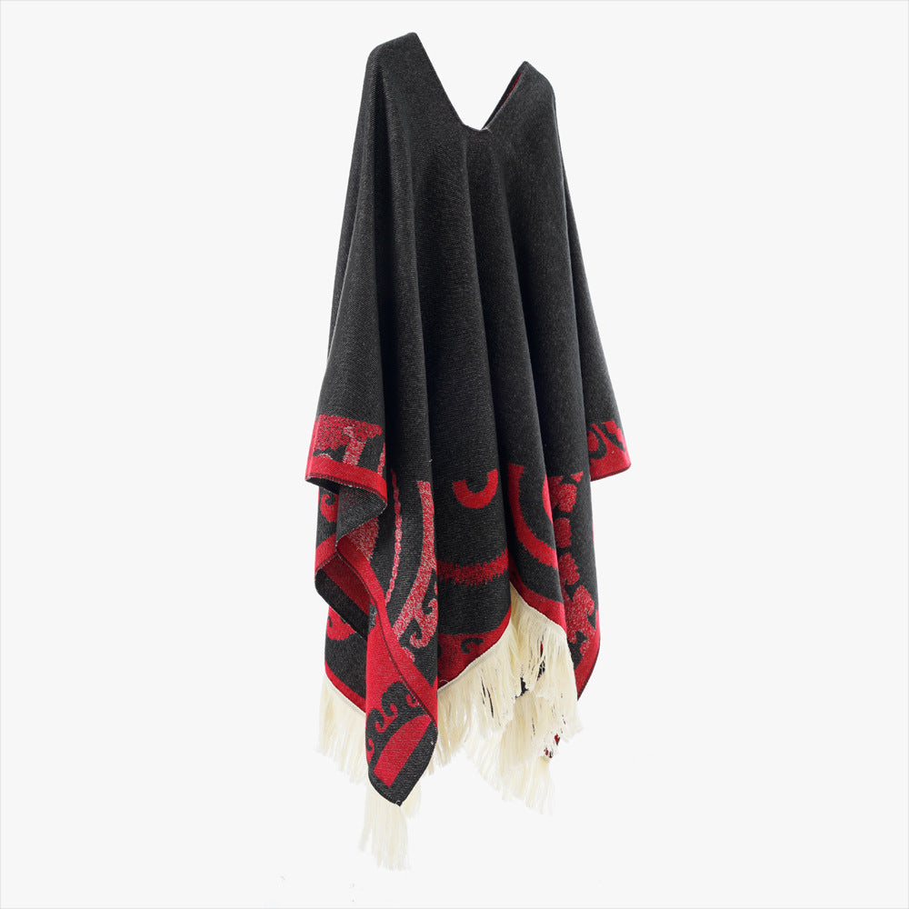 Women's wool blend medallion poncho with V-neck and fringe hem Mune Fashion