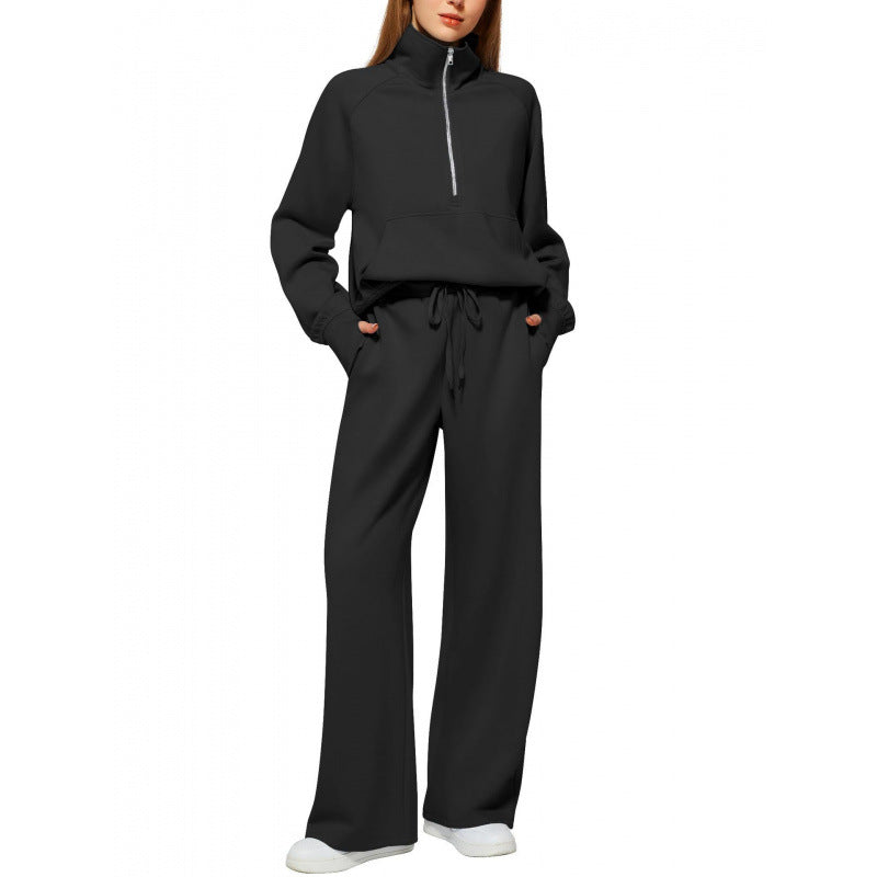 Women's Two-Piece Lounge Set with Half Zip, Stand Collar and Wide Palazzo Pants Mune Fashion