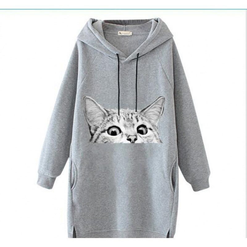 Ladies Oversize Hooded Dress made of Sweat Fabric with Large Cat Print and Side Pockets Mune Fashion