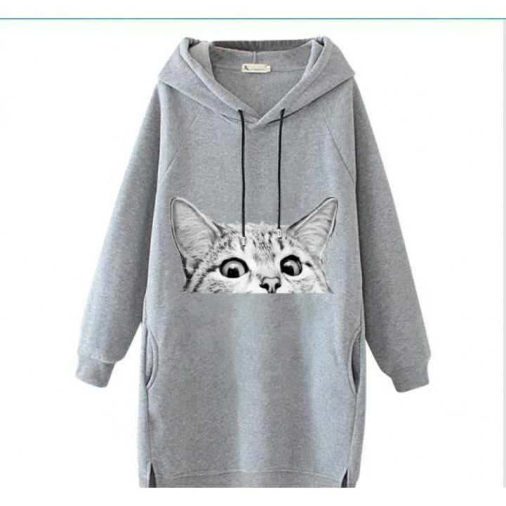 Ladies Oversize Hooded Dress made of Sweat Fabric with Large Cat Print and Side Pockets Mune Fashion