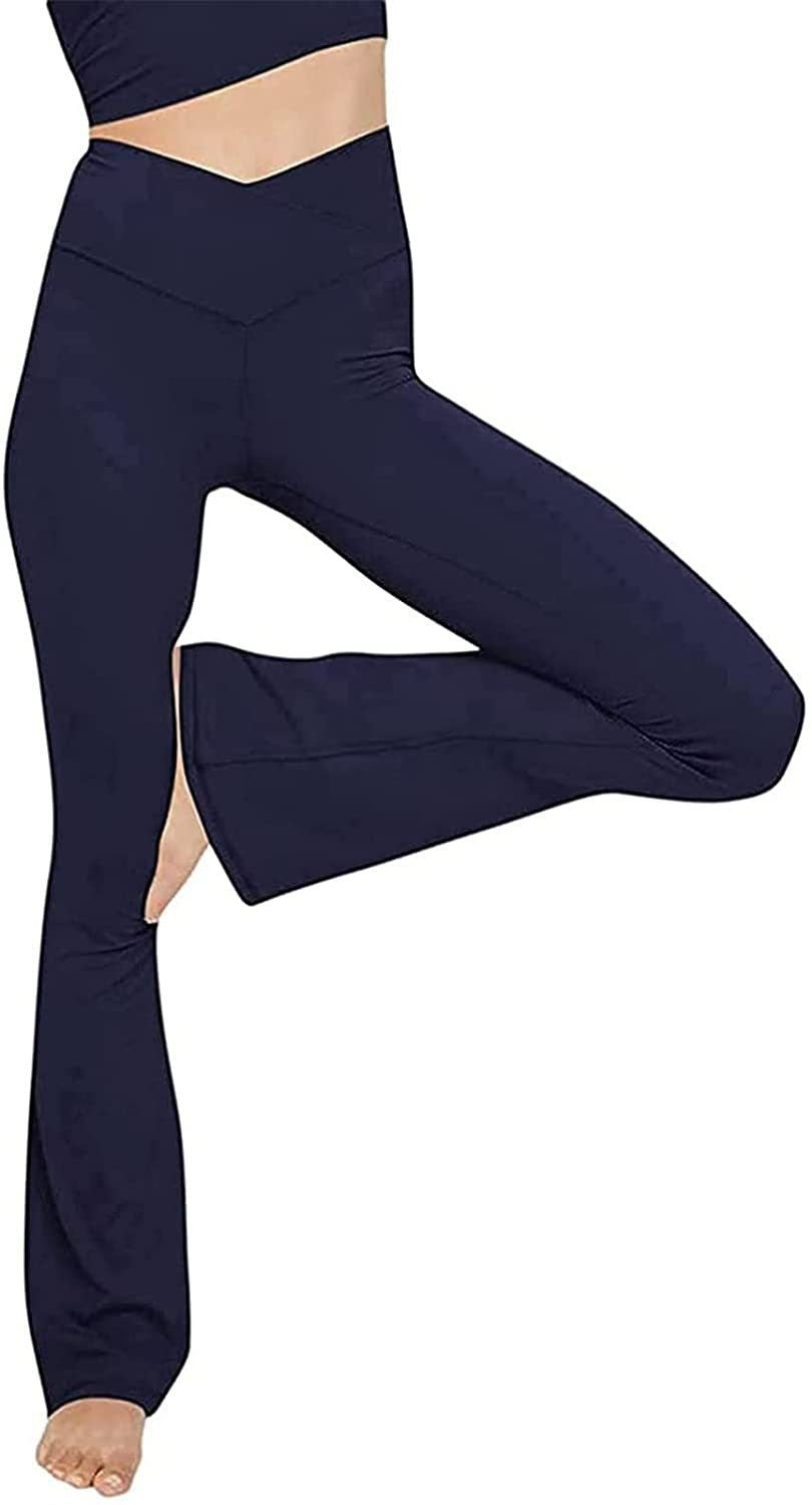 Women's mid-rise yoga pants with crossover waistband and flared hem with slit Mune Fashion