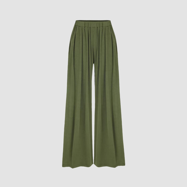 Women's Wide Palazzo Knit Trousers with High Elastic Waistband and Fine Ribbed Texture Drune