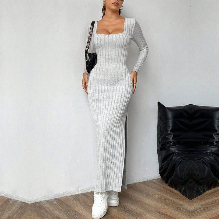 Women's figure-hugging ribbed maxi dress with square neckline and side leg slit Mune Fashion