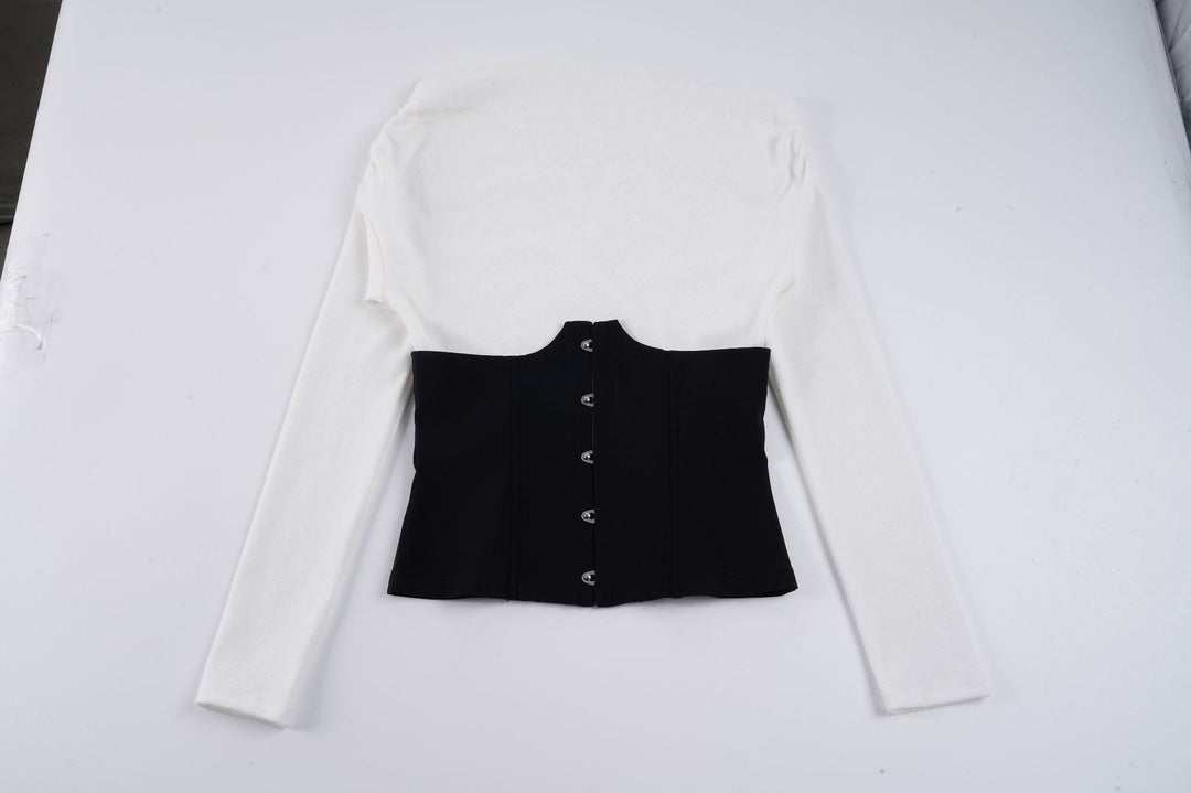 Women's Off-Shoulder Long Sleeve with Inserted Corset Look and Hook Closure Mune Fashion