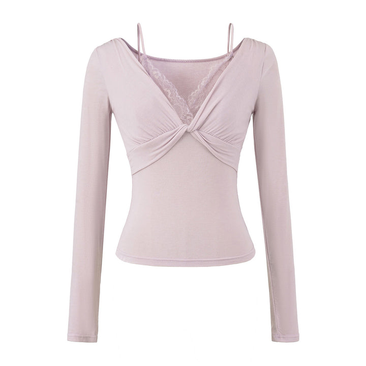 Women’s Figure-Hugging Long Sleeve Top with Twist Detail, Lace Insert and V-Neck