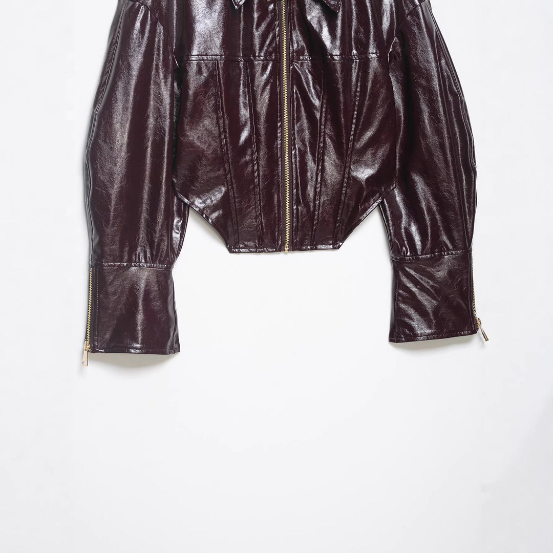 Women's Cropped Patent Leather Look Biker Jacket with Oversized Sleeves, Epaulettes and Continuous Front Zip Mune Fashion