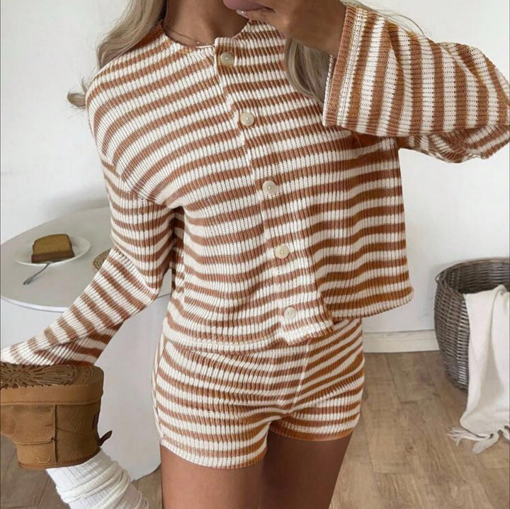 Women's fine rib knit two-piece with cropped button cardigan and high-waisted shorts Mune Fashion