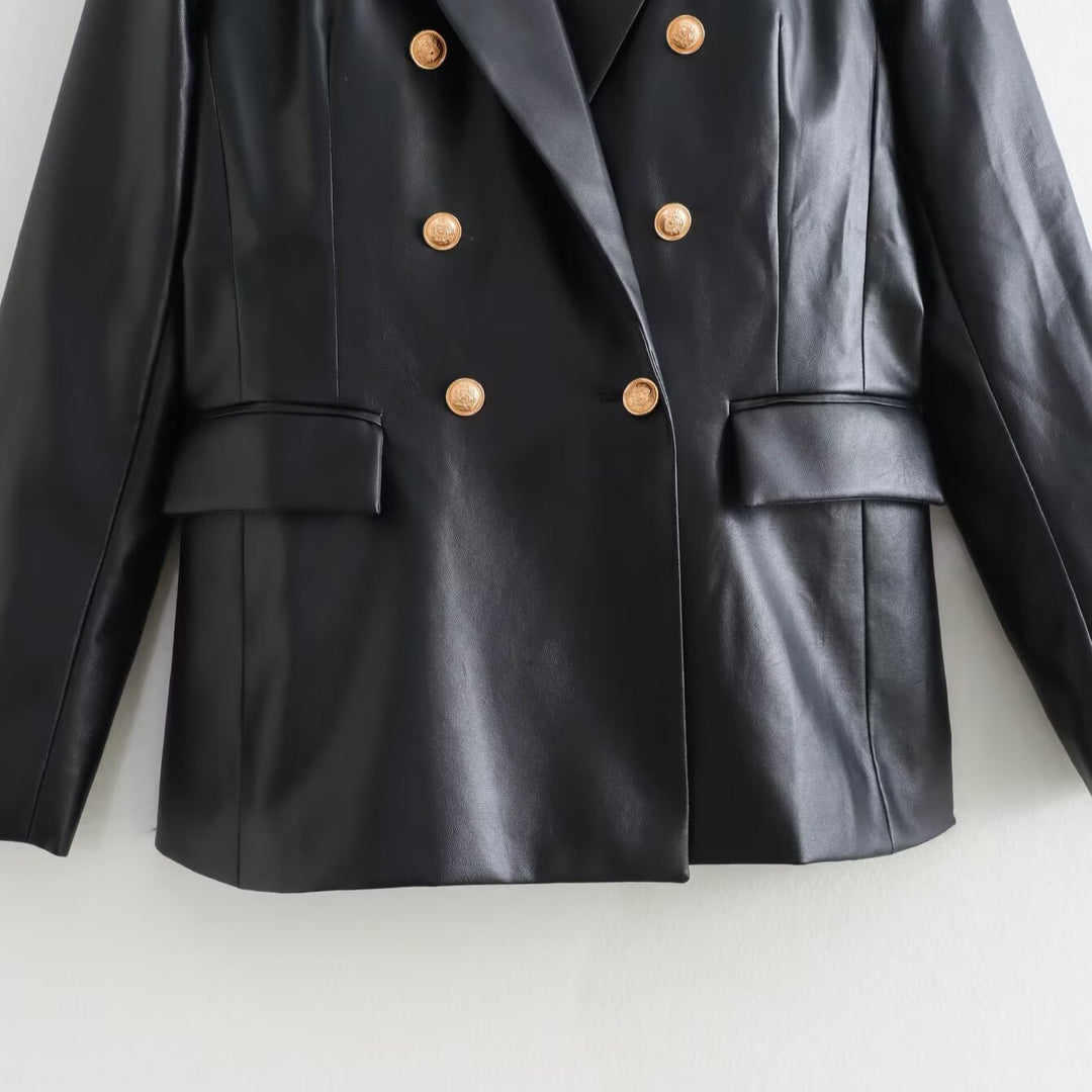 Women's Double-Breasted Faux Leather Blazer with Gold Decorative Buttons and Flap Pockets Mune Fashion
