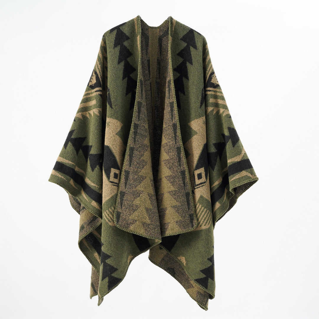 Women's wool blend cape with graphic ethnic pattern and decorative overlock seam Mune Fashion
