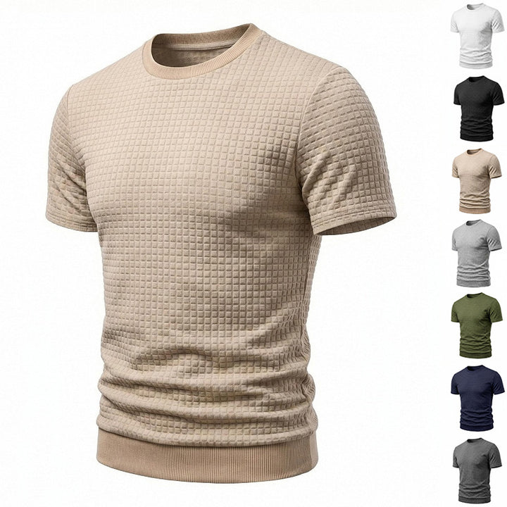 Men's short-sleeved knit shirt with embossed check structure, round neckline, and ribbed hem Mune Fashion