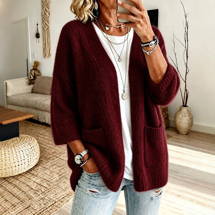 Women's Open Long Cardigan in Mohair Look with Patch Pockets and Dropped Shoulder Mune Fashion