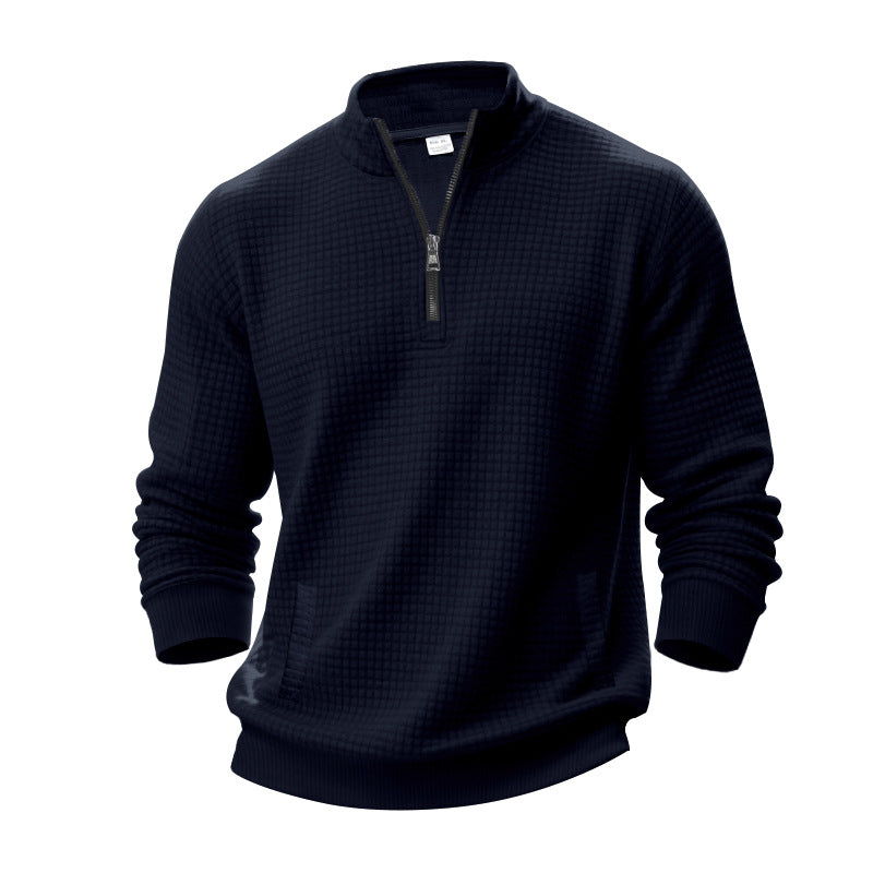 Men's waffle texture half-zip pullover with stand-up collar and subtle side pockets Mune Fashion