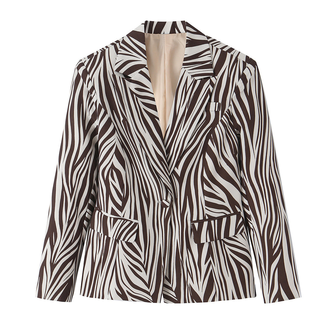 Women Tailored Zebra Print Blazer with Notched Lapel and Flap Pockets Mune Fashion