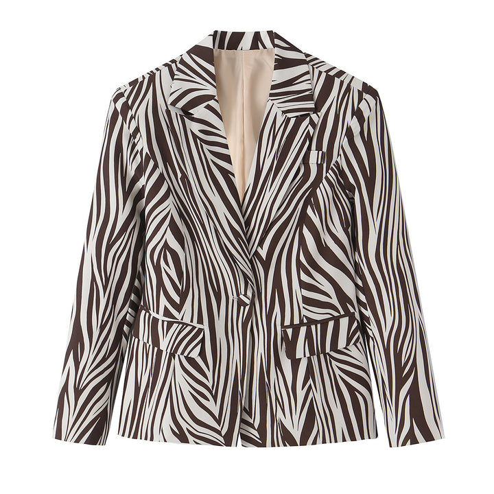 Women Tailored Zebra Print Blazer with Notched Lapel and Flap Pockets Mune Fashion