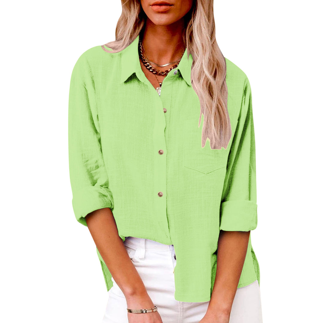 Women's oversized linen-cotton blend shirt blouse with breast pocket and roll-up sleeves Mune Fashion