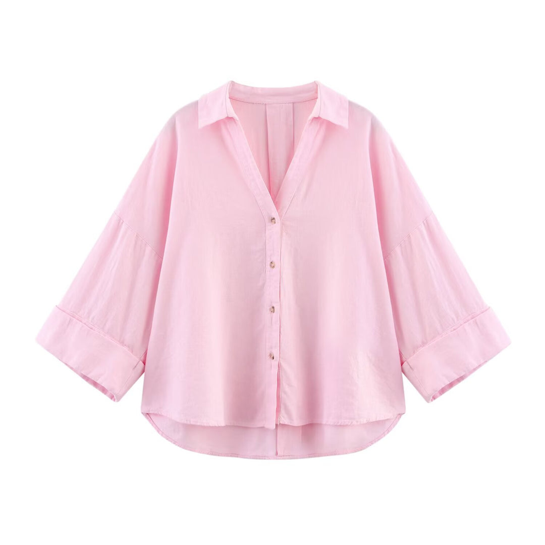 Women Oversize Shirt Blouse with Vertical Stripe Pattern and Extended Back Mune Fashion