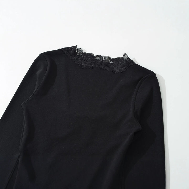 Women's Long Sleeve Shirt with Lace V-Neck and Tie Band Mune Fashion