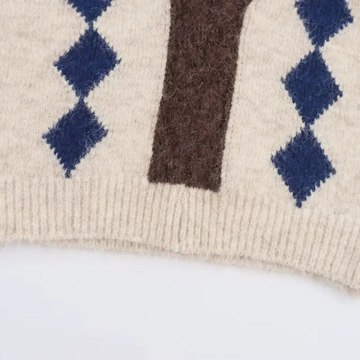Women's Argyle Knit Vest with V-Neck and Fluffy Mohair Look Mune Fashion