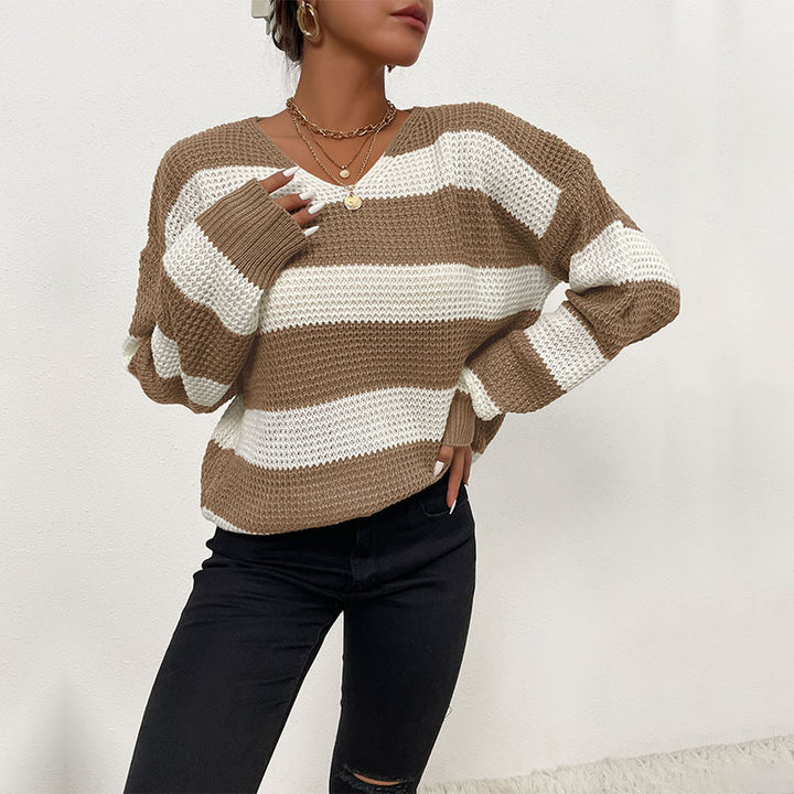 Women Striped Knit Sweater with V-Neck and Casual Oversize Fit Mune Fashion