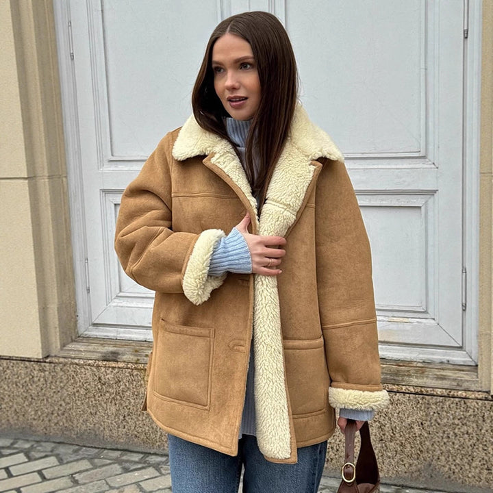 Women's Boxy Lambskin Look Coat with Folded Teddy Collar Mune Fashion