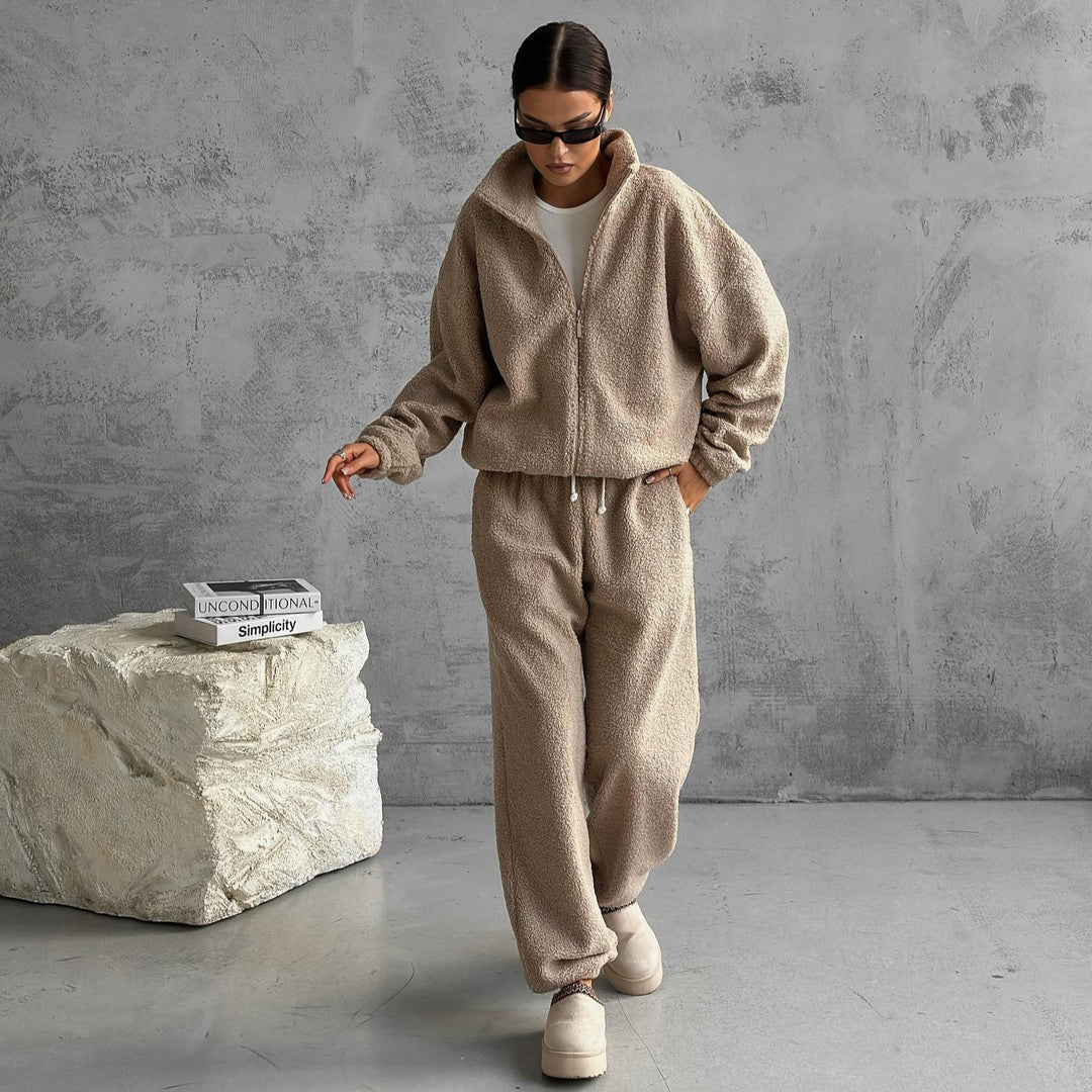 Women's Teddy Fleece Loungewear Set with half zip elastic drawstring waistband and wide leg Mune Fashion