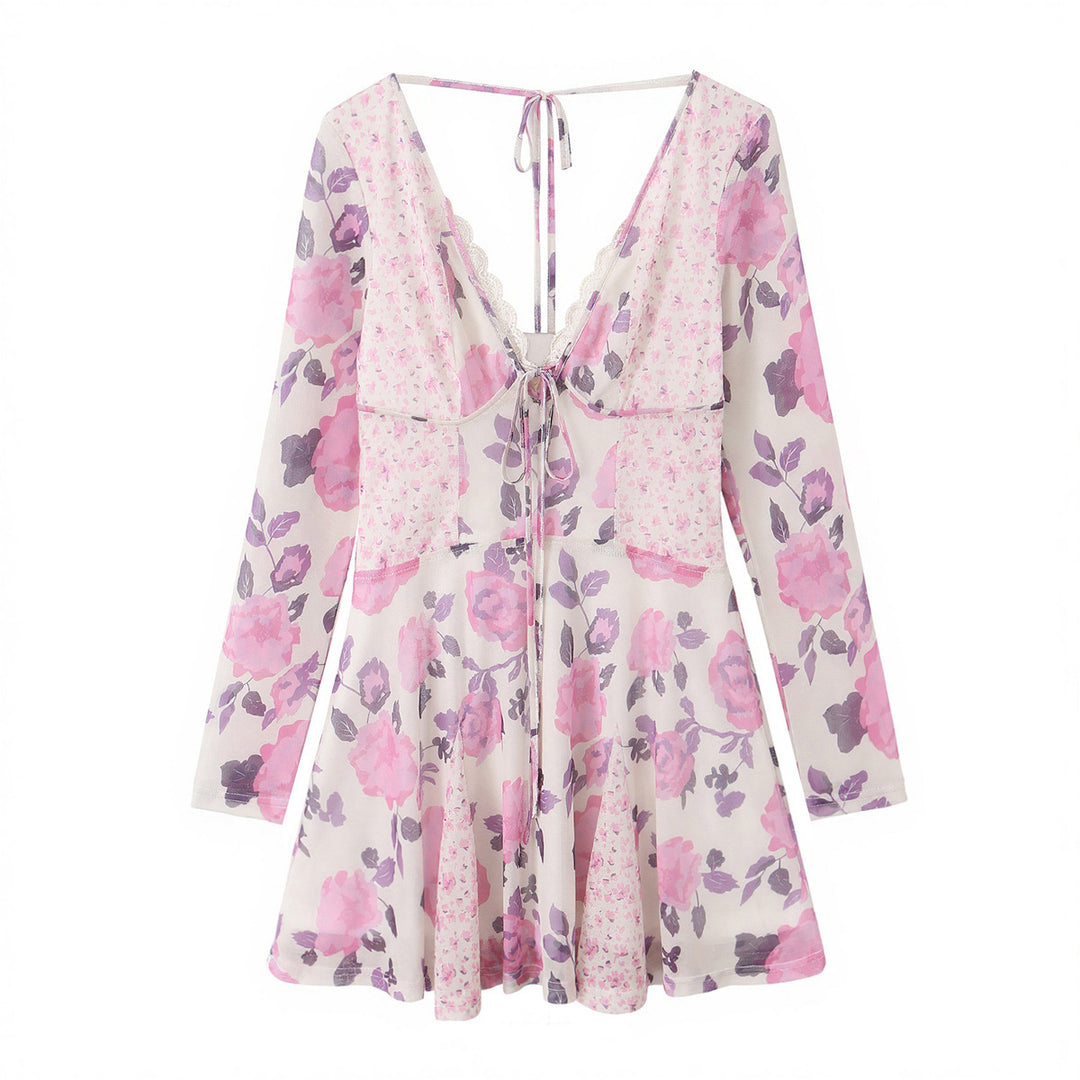 Women nan floral skater dress with deep V-neckline, tie detail and lace trim Mune Fashion