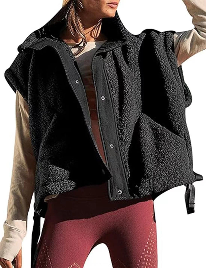 Women's Oversized Teddy Fleece Vest with Hood and Snap Buttons Mune Fashion