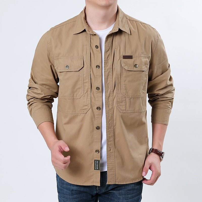 Men's casual utility shirt jacket made of cotton twill with two patch breast pockets and buttonable front.