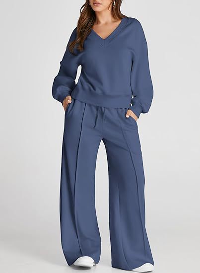 Women's Casual V-Neck Leisure Set with Wide Jogging Pants Mune Fashion