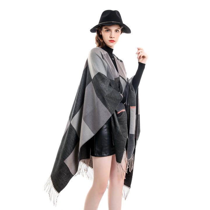 Ladies Lightweight Woven Ruana with Geometric Block Pattern and Fringe Hem Mune Fashion