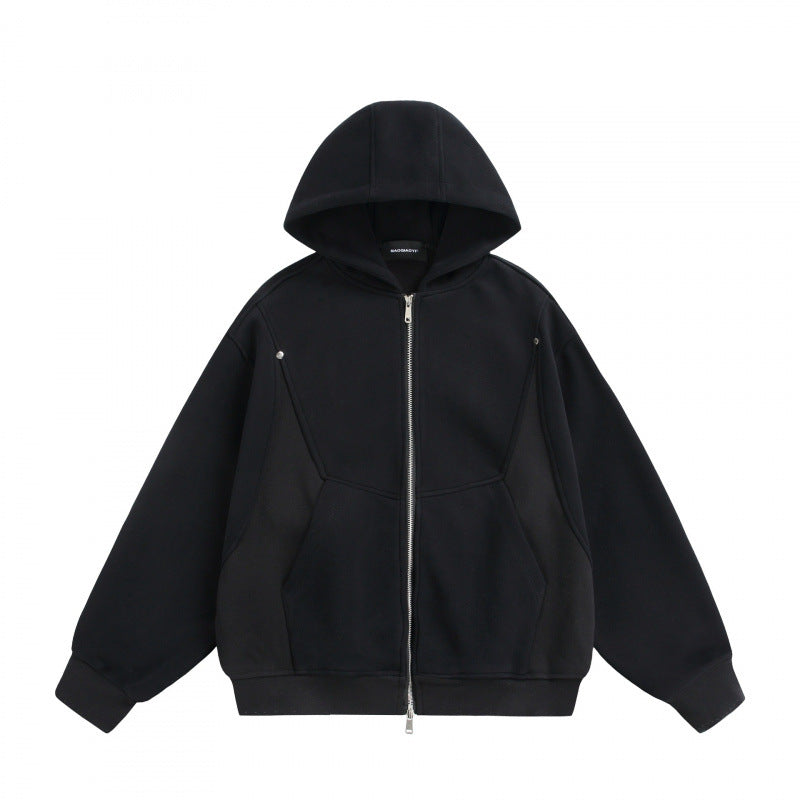 Unisex Boxy Hoodie Jacket with Two-Way Zipper and Geometric Seam Details Mune Fashion
