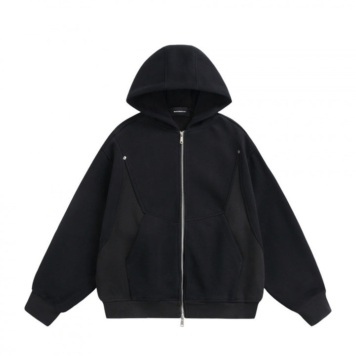 Unisex Boxy Hoodie Jacket with Two-Way Zipper and Geometric Seam Details Mune Fashion