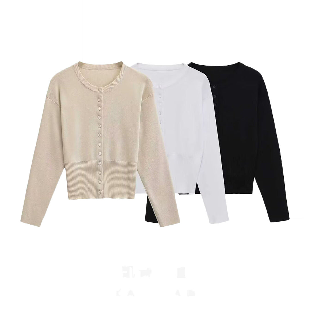Women's Short Fine Knit Cardigan with Tailored Ribbed Waistband and Continuous Button Placket Mune Fashion