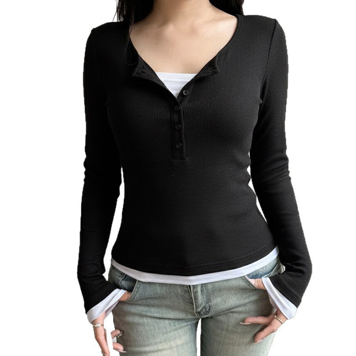 Women's tailored henley crop long sleeve with contrasting hem and sleeve cuffs Mune Fashion