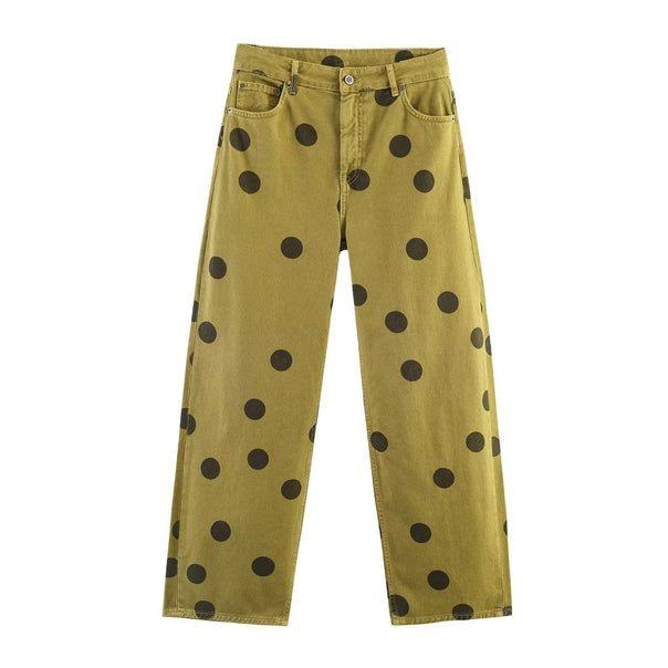 Women's High-Waist Pants with Wide Leg, Straight Cut and Polka Dot Pattern Mune Fashion