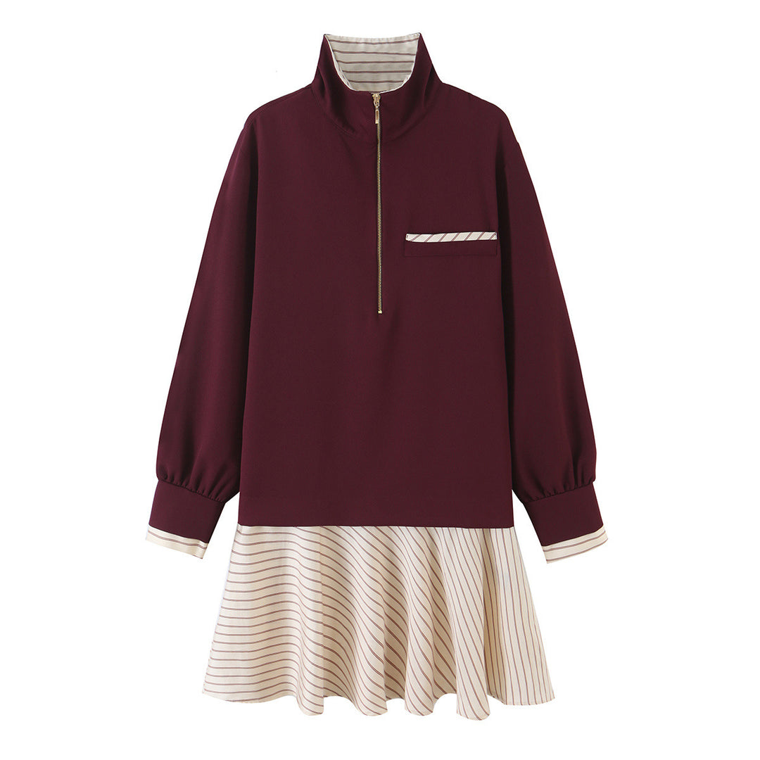 Ladies' casual sweatshirt dress with stand-up collar, half zipper and striped flounce skirt Mune Fashion