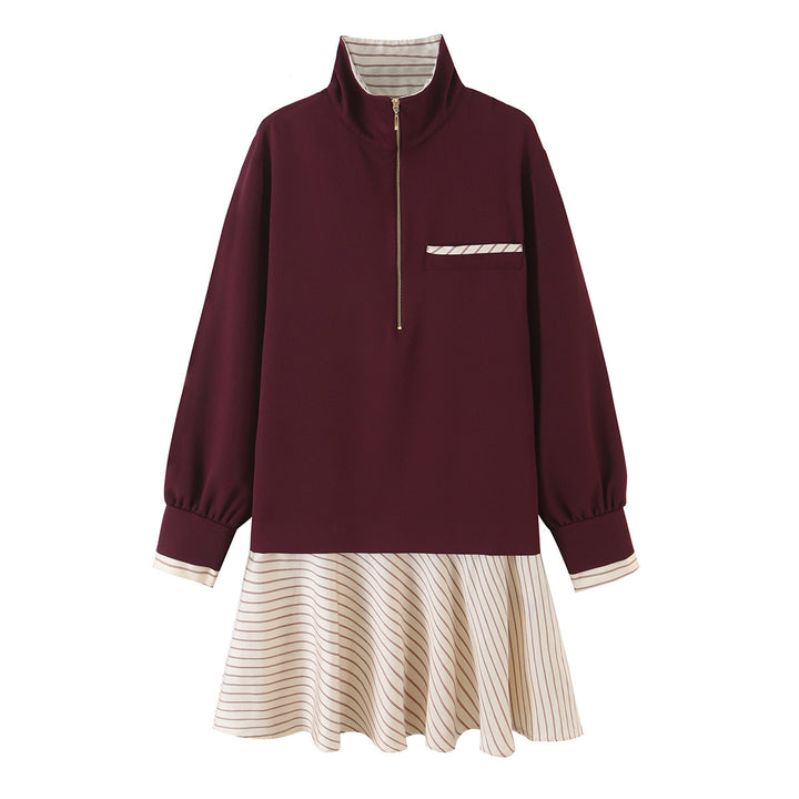 Ladies' casual sweatshirt dress with stand-up collar, half zipper and striped flounce skirt Mune Fashion
